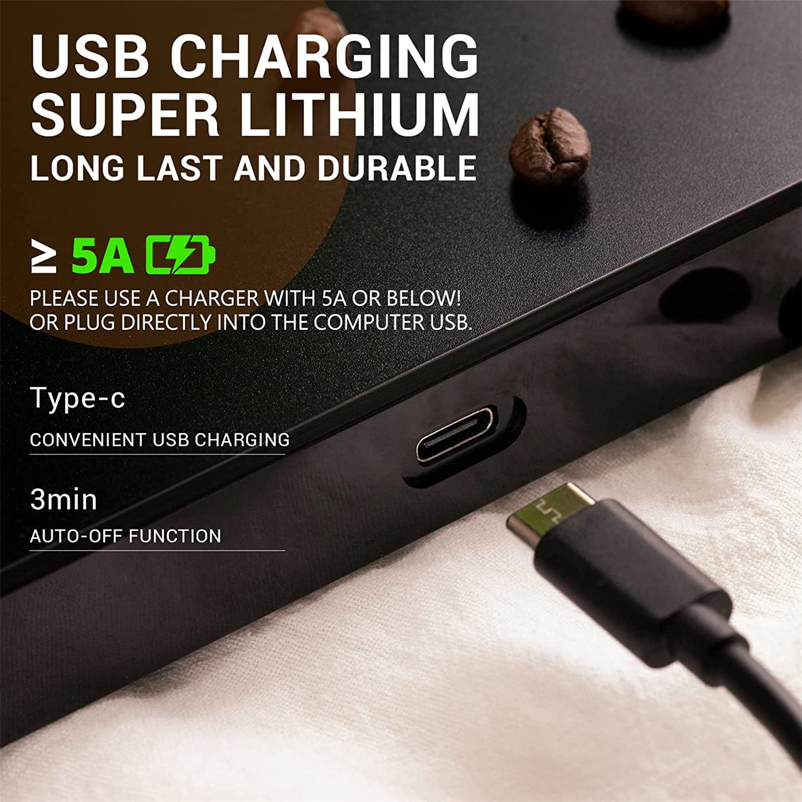 Schwarzes Ladegerät mit USB-Anschluss, Informationen über 5A-Ladegerät und Typ-C-Anschluss.