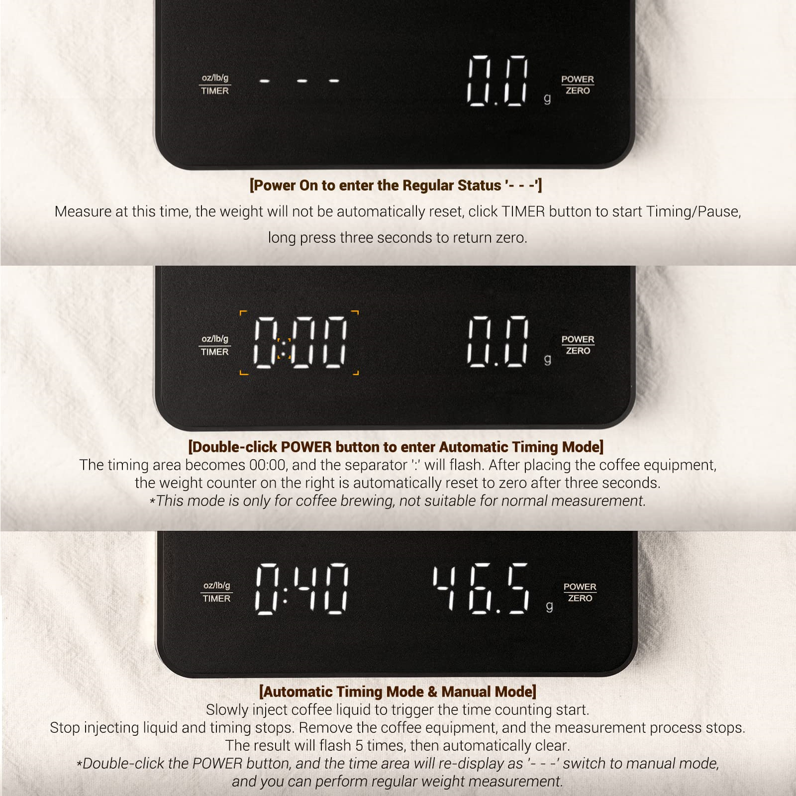 Schwarze Waage mit Timer-Modus-Anweisungen. Zeigt die Tasten für Leistung, Timer, Gewicht und Einheit.