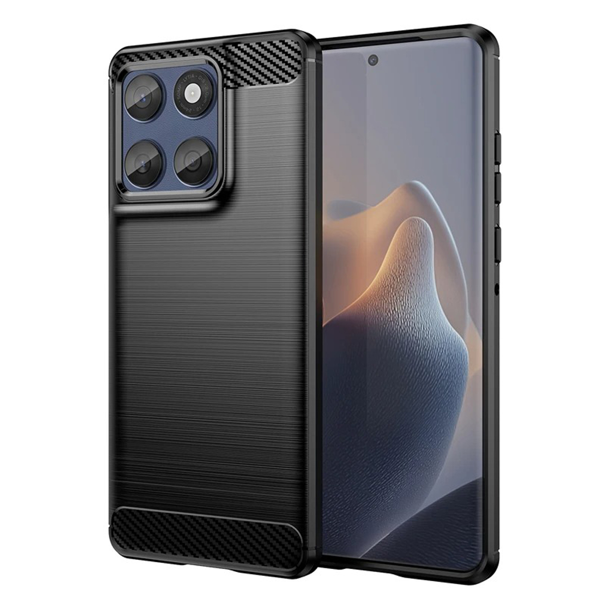 Coque de téléphone noire avec dos texturé et quatre caméras. Fermée.