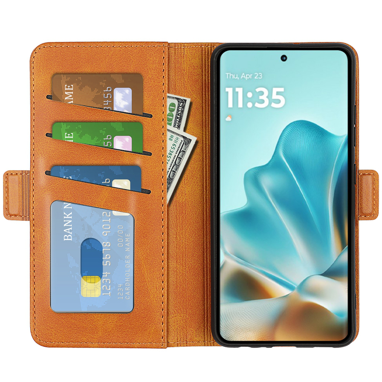 Open bruine telefoonhoes met kaarten en geld zichtbaar. Telefoon toont 11:35.