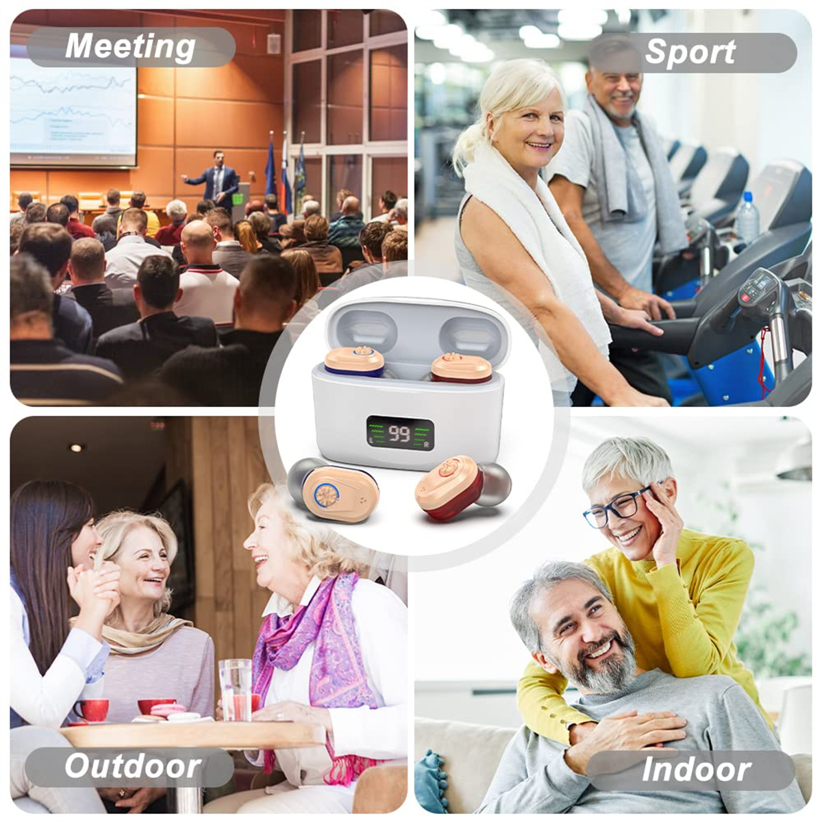 Eine Collage zeigt Meeting, Sport, Outdoor- und Indoor-Szenen mit Ohrhörern.