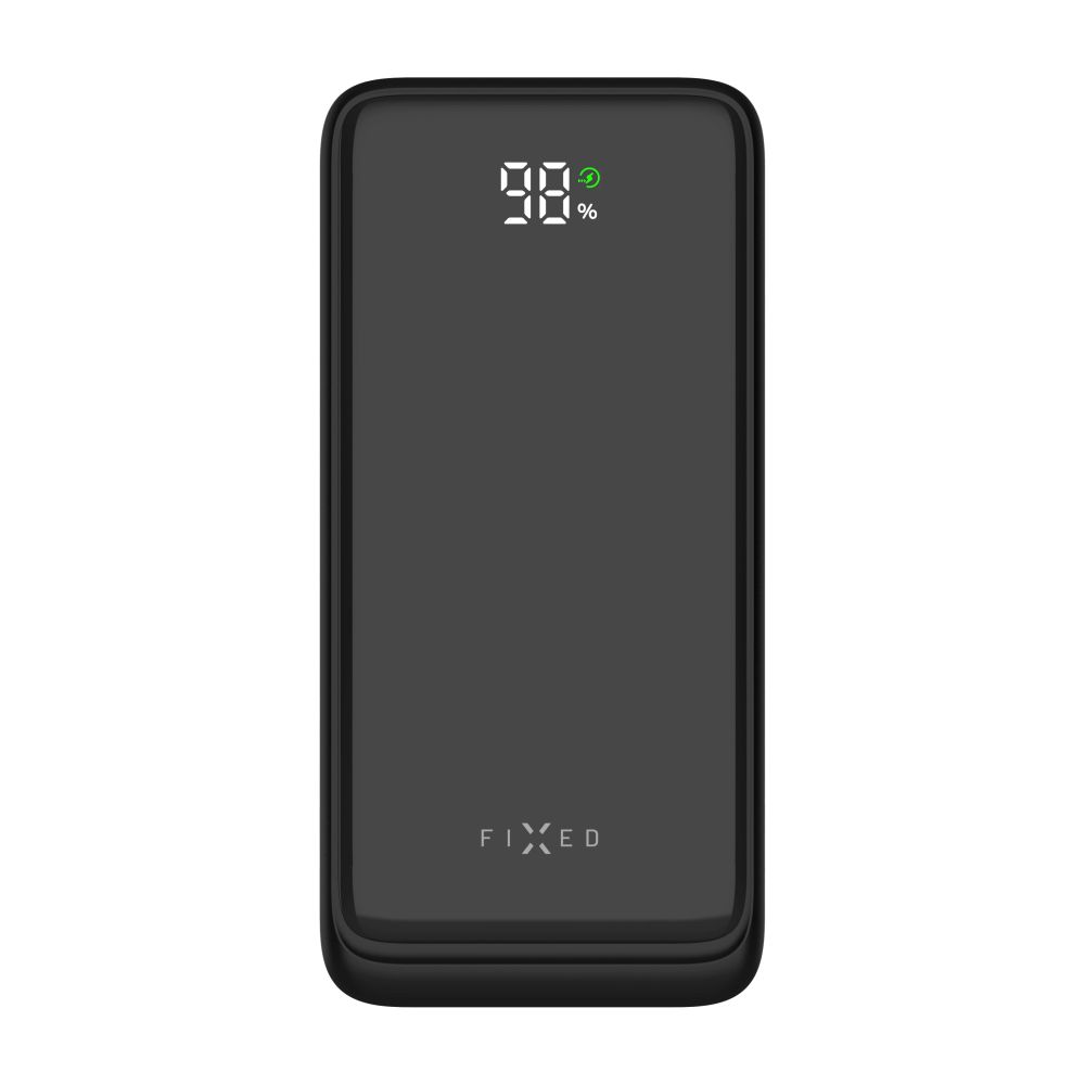 Schwarze Powerbank mit digitaler Anzeige des Batteriestands.
