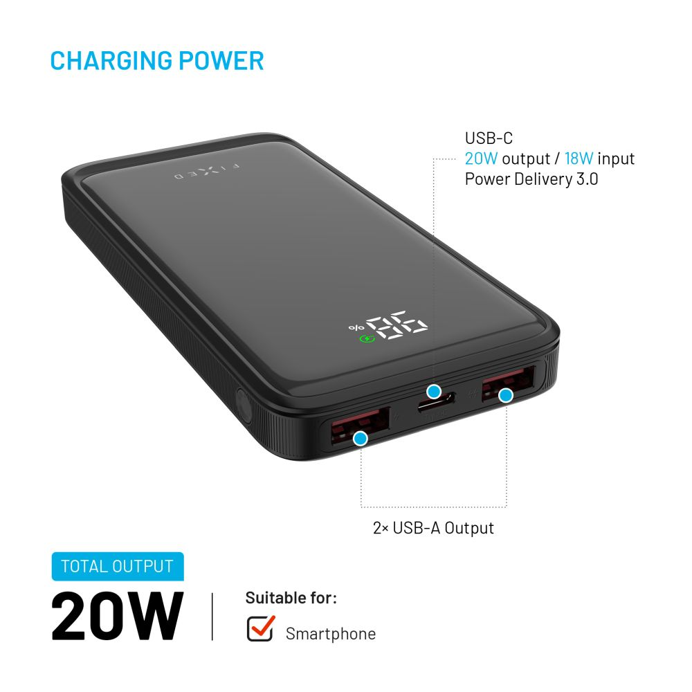 Schwarze Powerbank mit Text und USB-Anschlüssen. 20W Ausgang, 2x USB-A, USB-C-Anschluss und Digitalanzeige.
