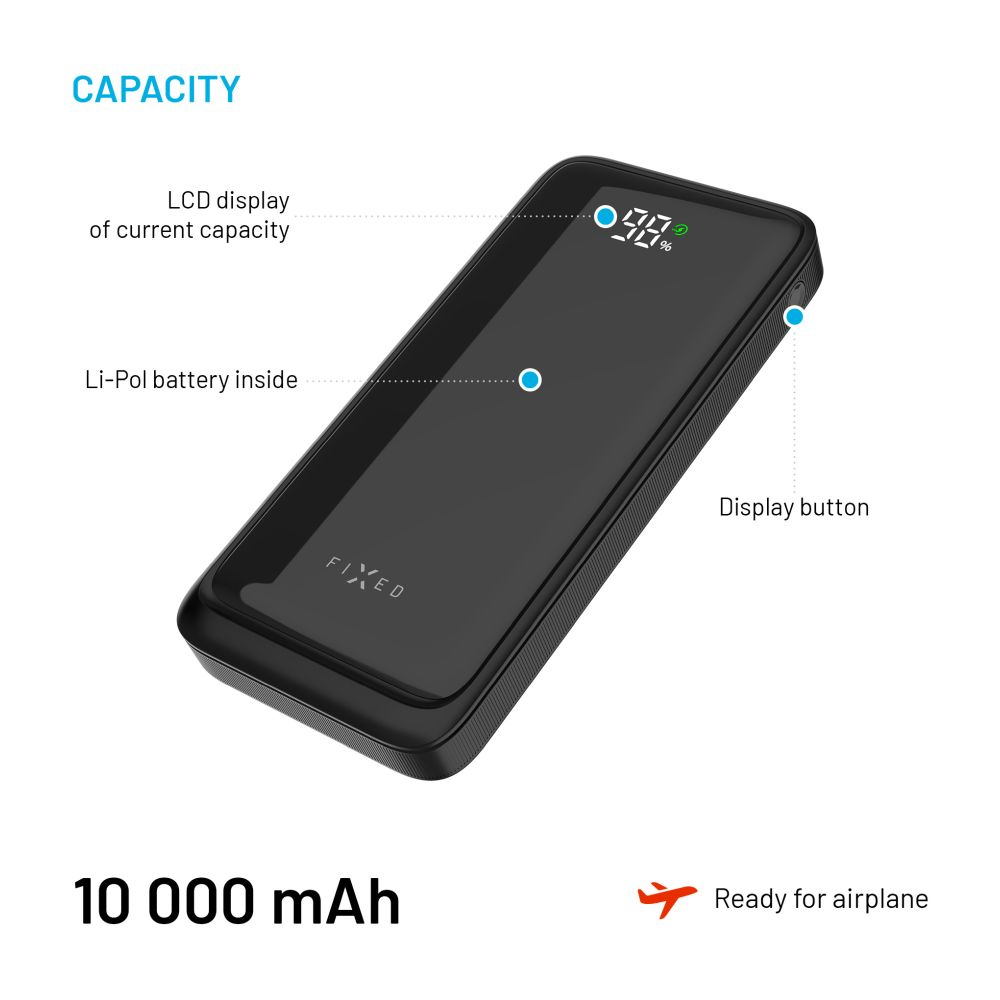 Schwarze Powerbank mit Ladestand, Flugzeugsymbol und Text 10000 mAh.