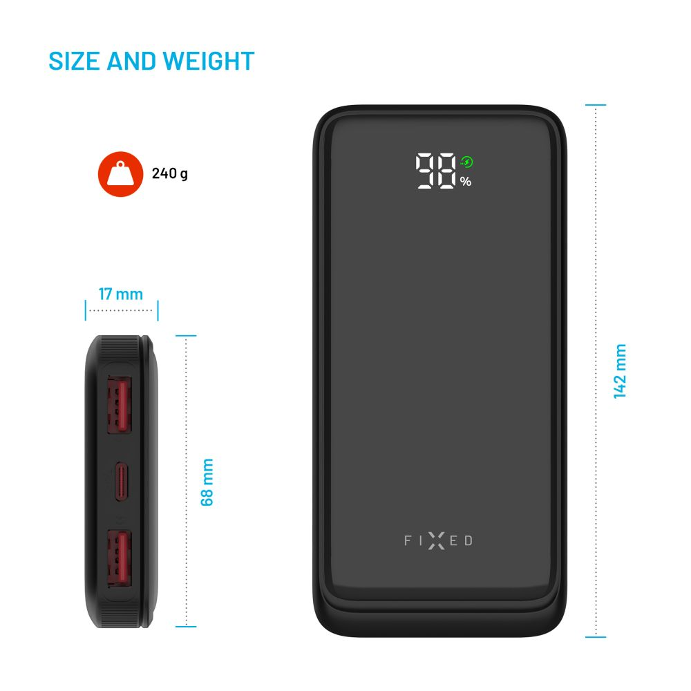 Schwarze Powerbank, zeigt Größe, Gewicht und Ladeanzeigen mit Seiten- und Vorderansicht.