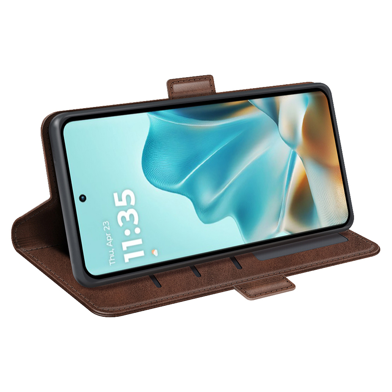 Bruine telefoonhoes open, toont telefoon met tijd 11:35.