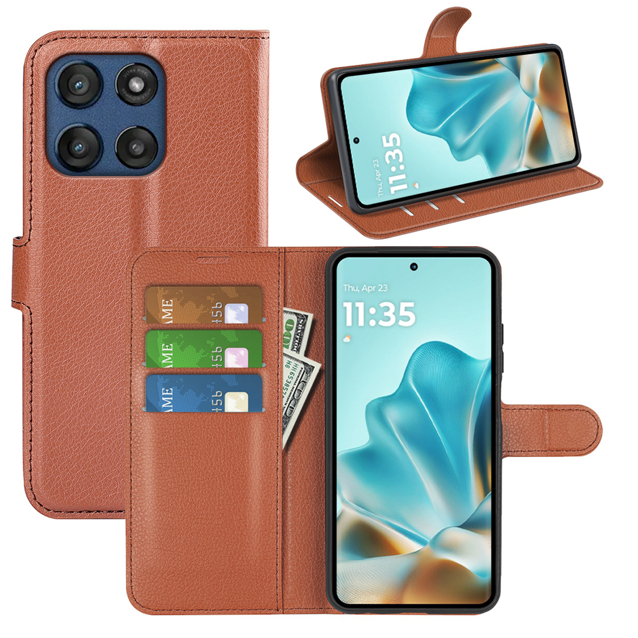 Étui de téléphone marron avec heure, cartes et argent.