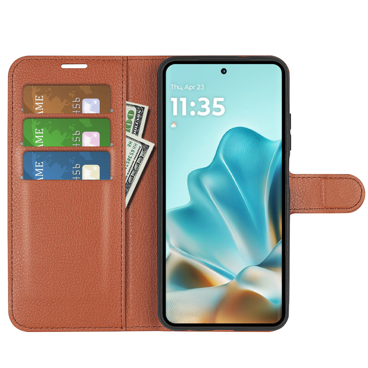 Étui de téléphone marron ouvert avec cartes et argent. Le téléphone affiche 11:35.