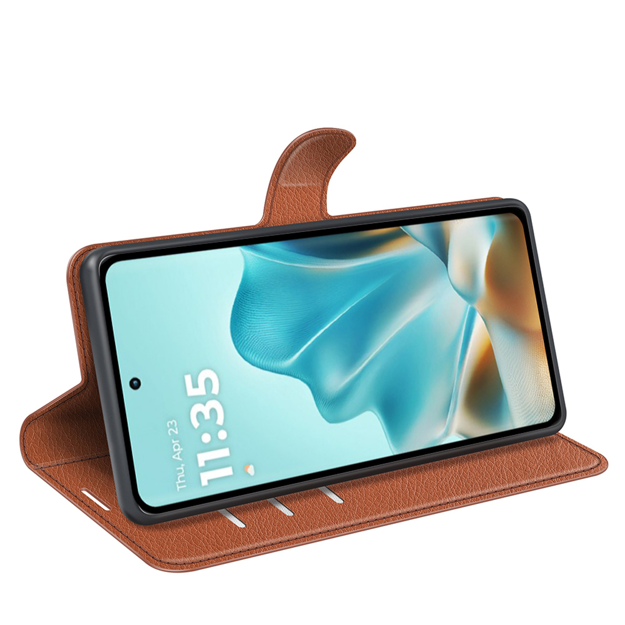 Étui de téléphone en cuir marron avec téléphone, heure 11:35 à l'écran, diverses vues.