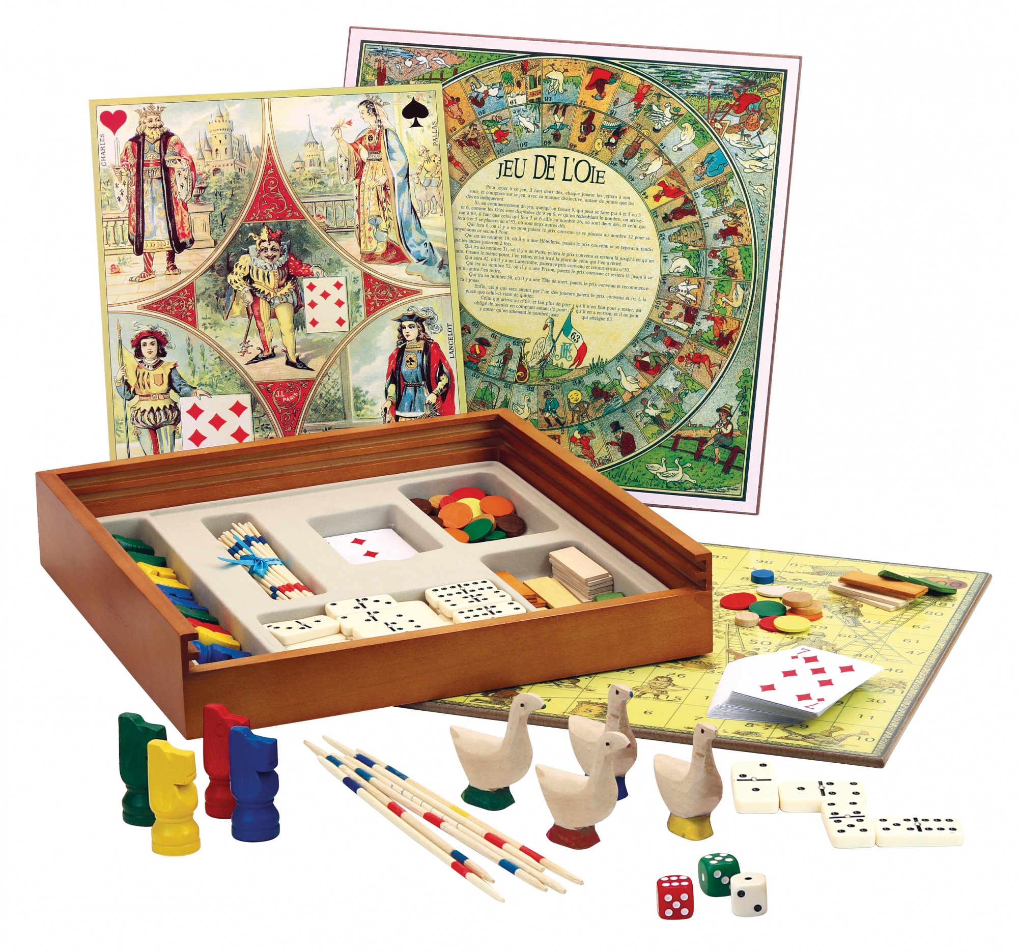 Traditioneel bordspel met spelstukken, borden en instructies.