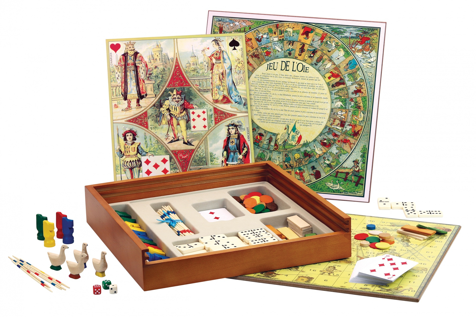Traditioneel bordspel met spelstukken, borden en instructies.