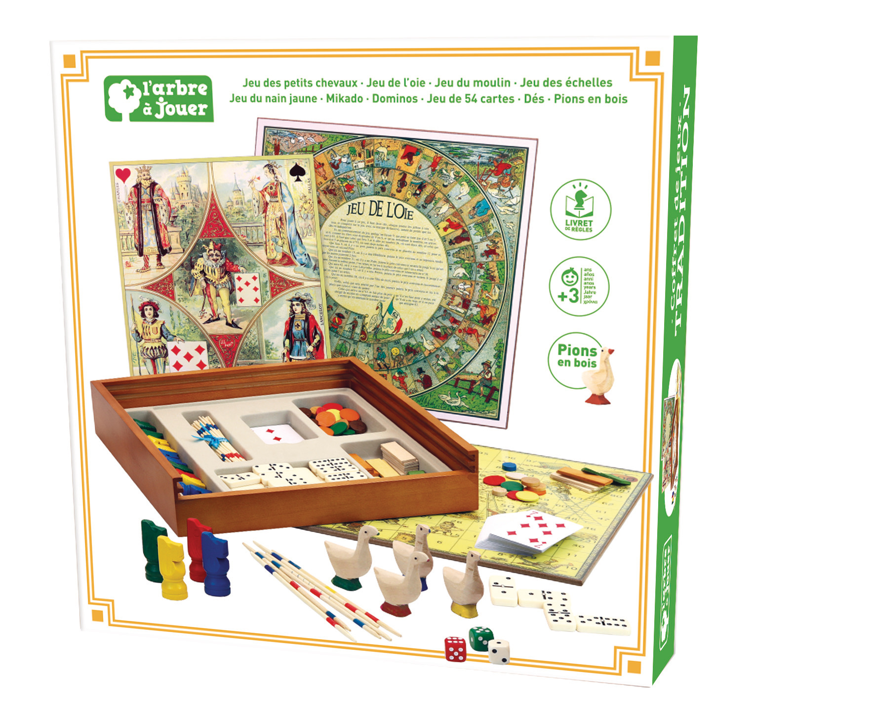 Bordspeldoos met een houten bak erin met spelstukken en een spelbord.