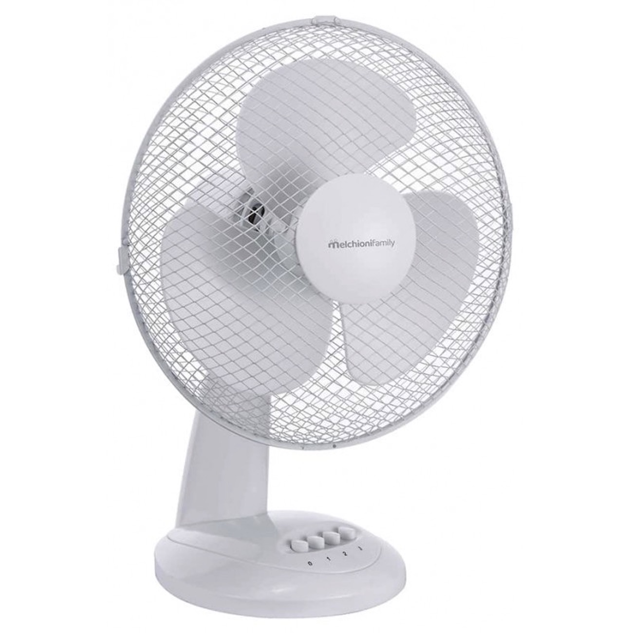 Ventilatore da scrivania bianco con tre pale e griglia protettiva bianca.
