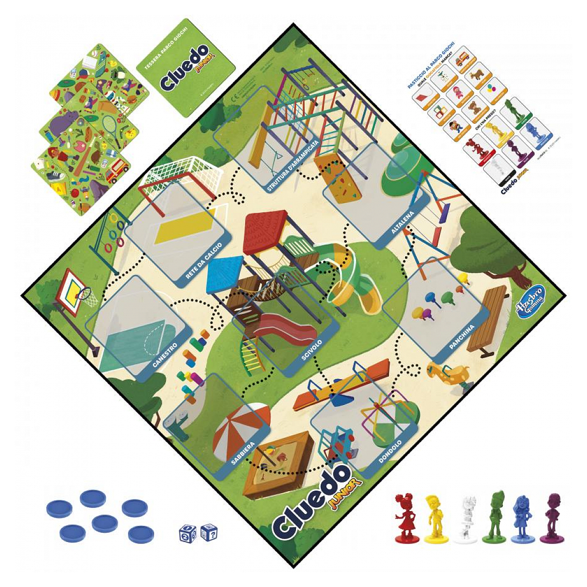 Cluedo Junior Brettspiel mit Spielsteinen und Karten, das eine Spielplatzszene zeigt.