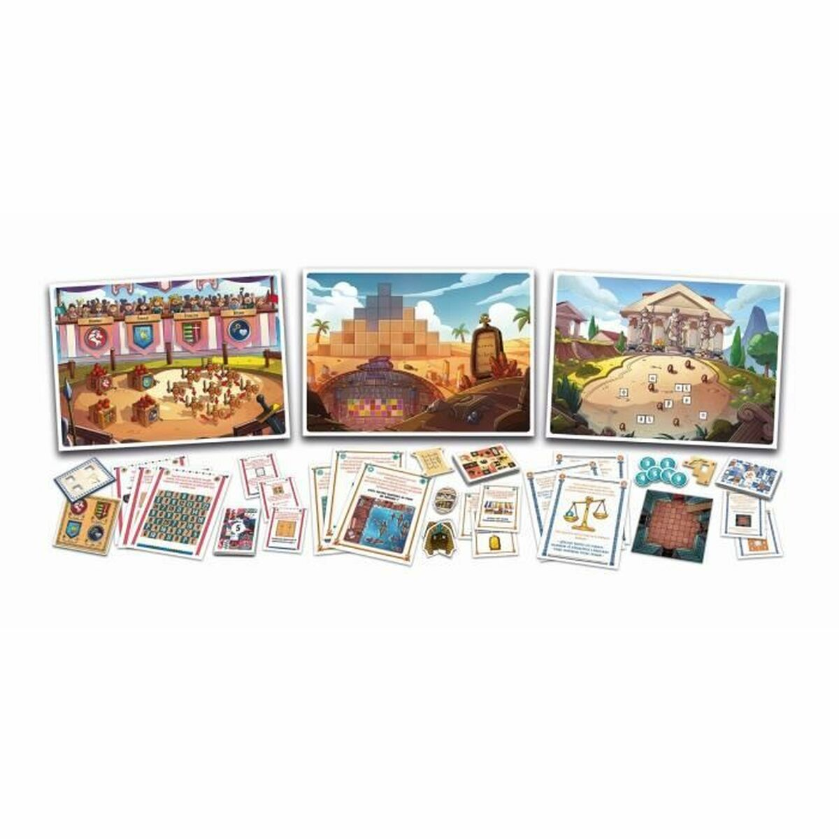 Image shows a board game with three scene cards and various game cards spread out on a white surface.