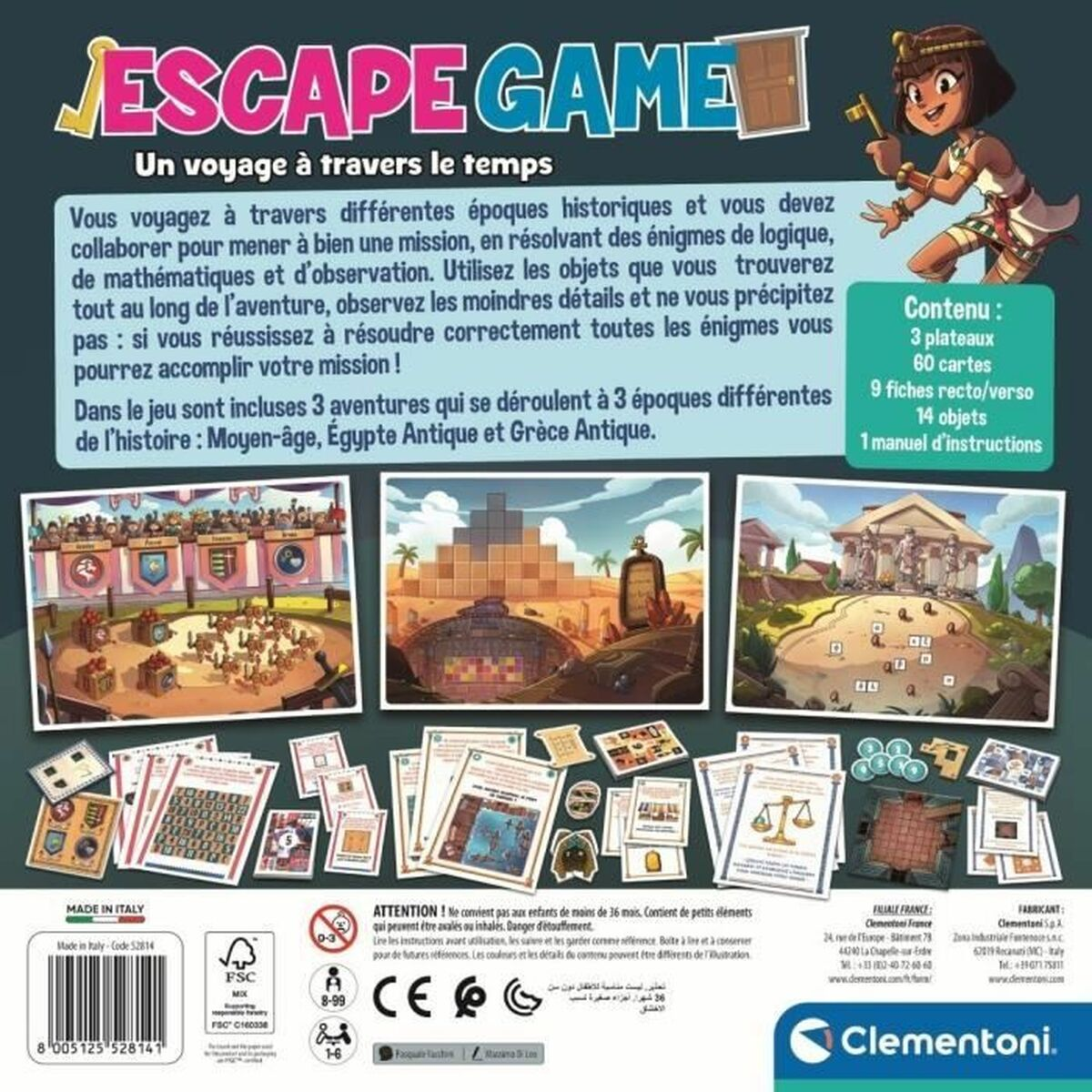 A board game box with a woman graphic and text, showcasing the game's theme of historical escape rooms.