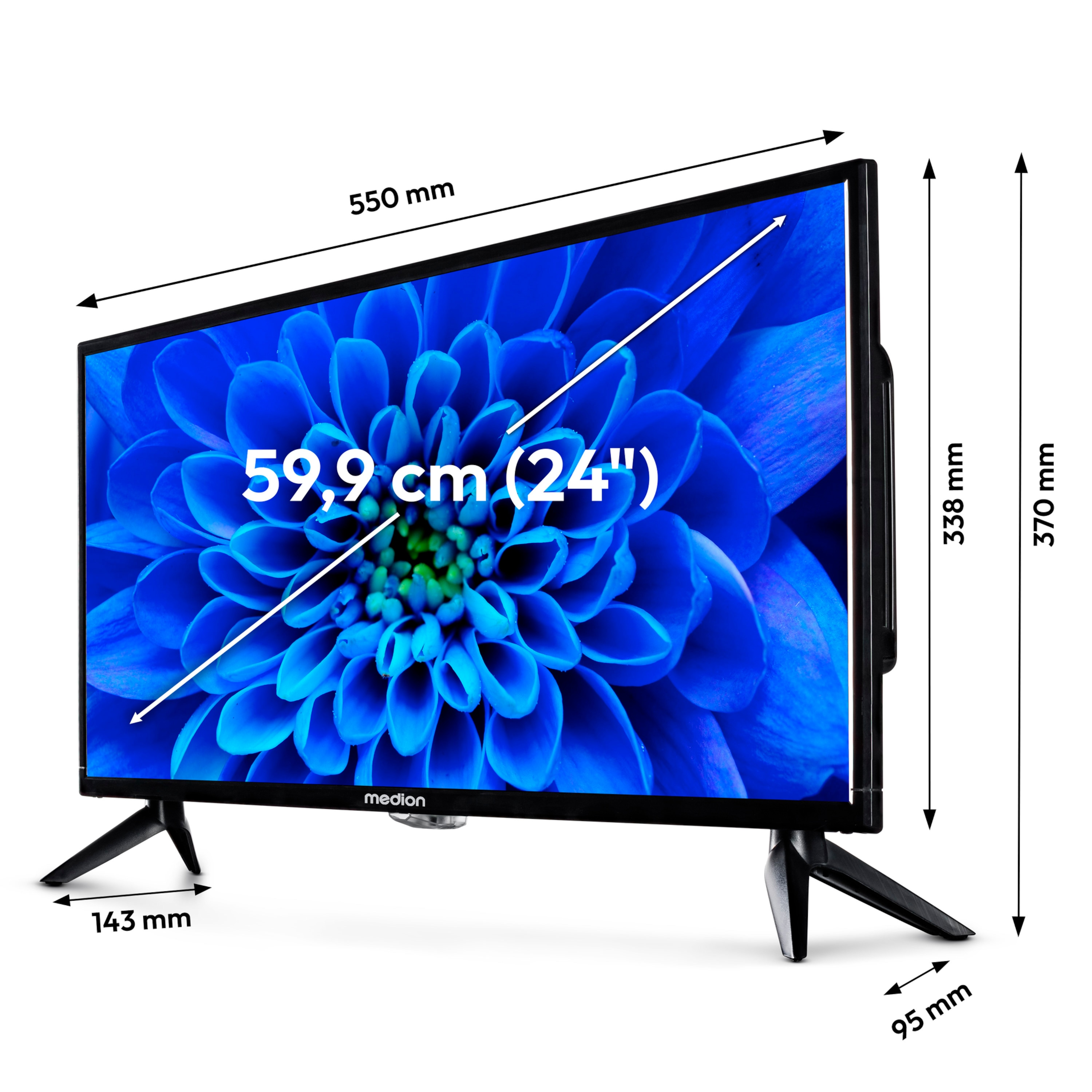 Een 24-inch tv toont een blauwe bloemenafbeelding. Afmetingen: 550 mm breed, 370 mm hoog en 95 mm diep.