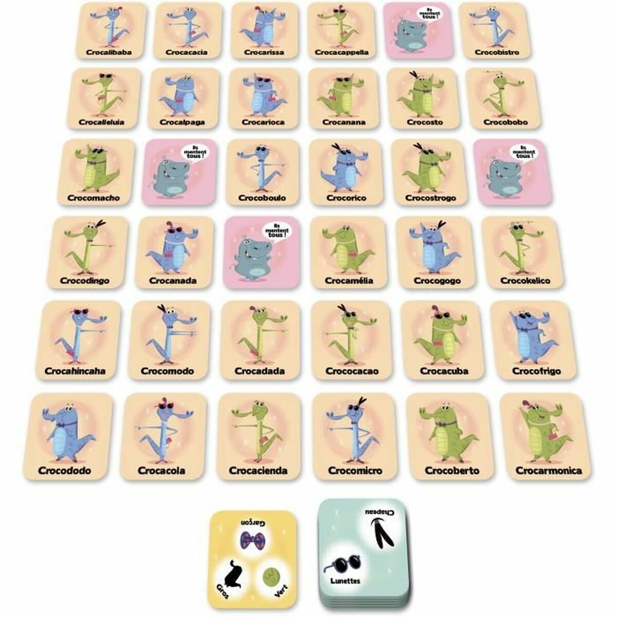 Ein Brettspiel mit Cartoon-Krokodil-Charakteren auf Karten. Die Karten zeigen die Namen der Charaktere.