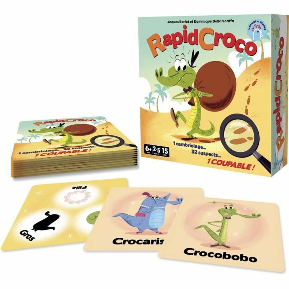 Brettspiel-Box mit Cartoon-Krokodil. Karten zeigen Spielsteine. Box und Karten haben Text auf Französisch.