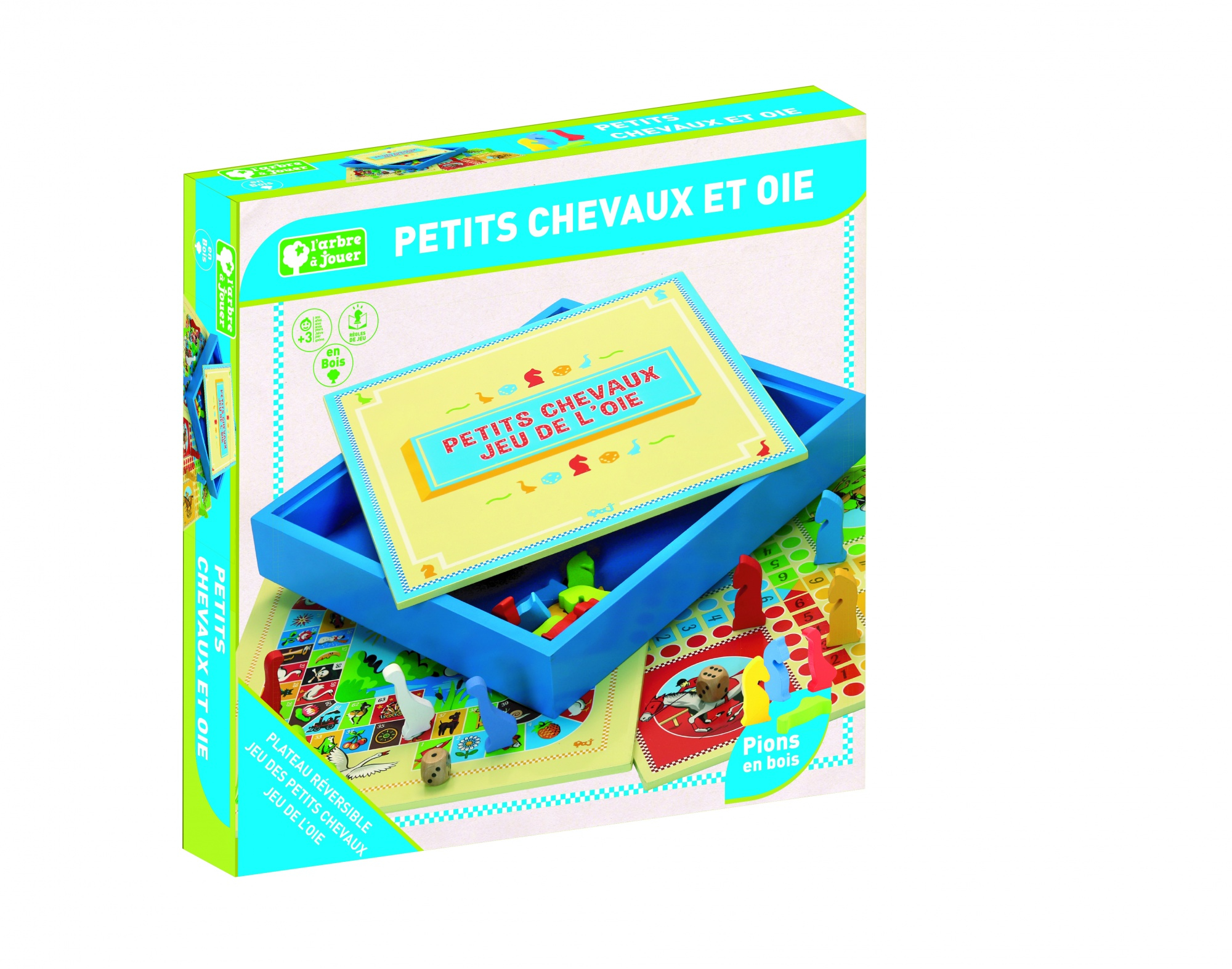 Bordspeldoos met een blauw interieur, met een bordspel met speelstukken.