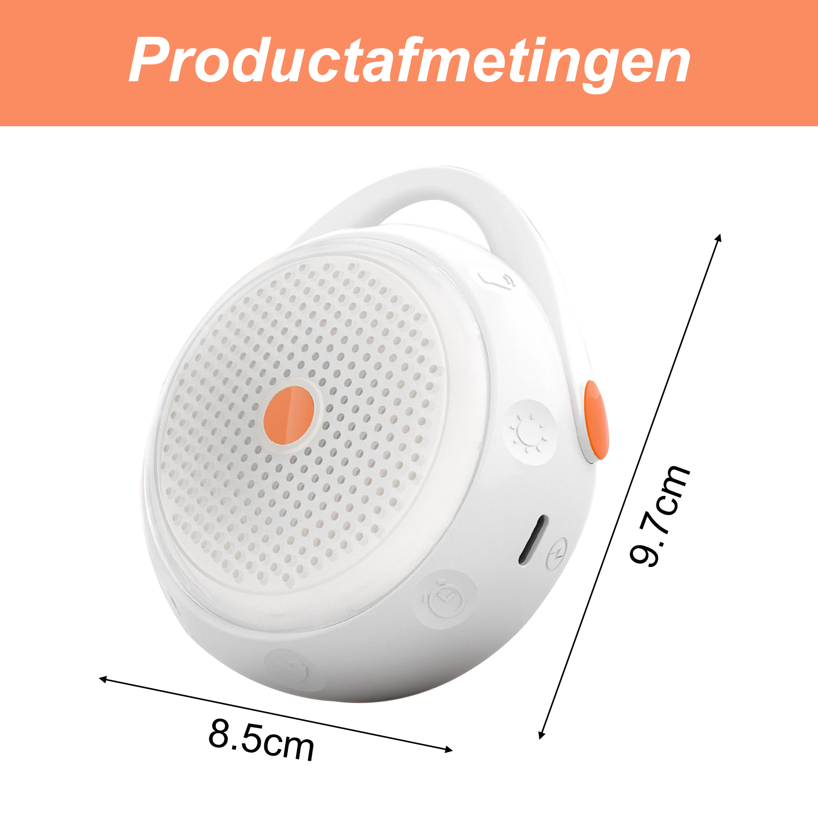 Ein weißer, runder Lautsprecher mit orangefarbenem Zentrum und Abmessungen von 8,5 cm x 9,7 cm.