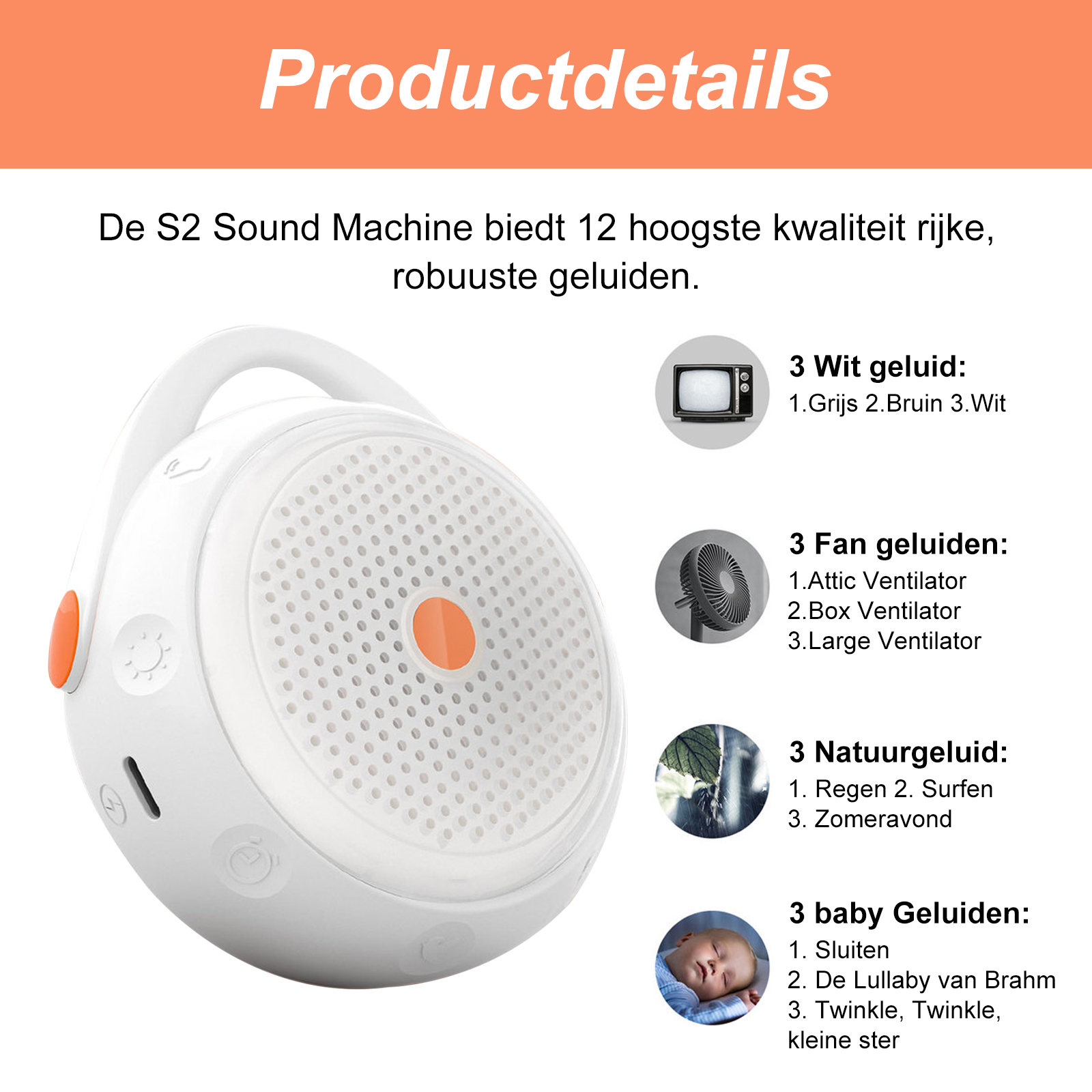 Produktdetails einer weißen Soundmaschine mit Optionen für Sounds.