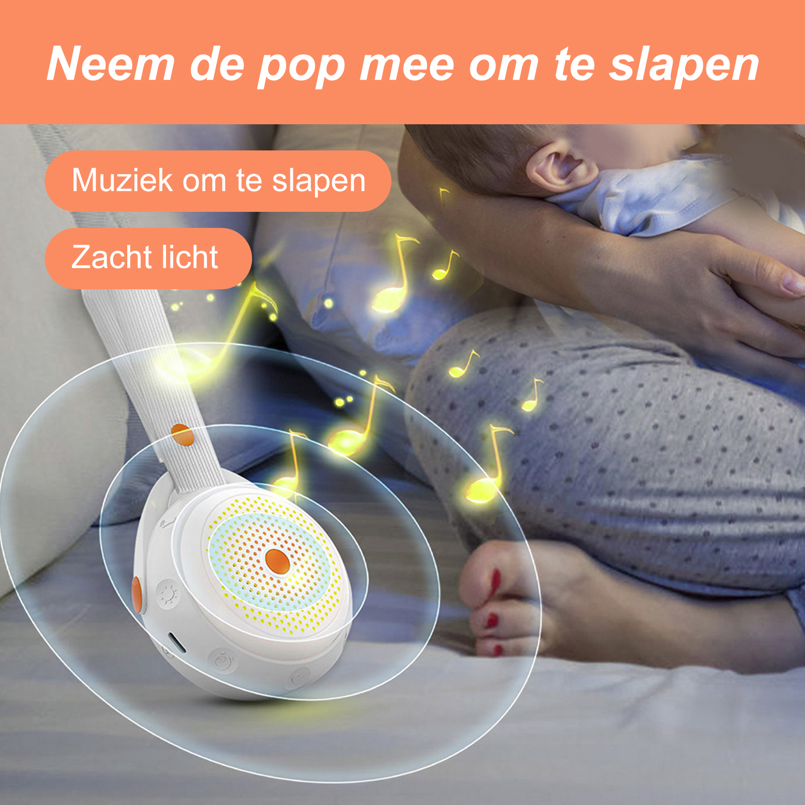 Baby schläft mit Kopfhörern. Musiknoten und Symbole für weiches Licht sind auf dem Bild zu sehen.