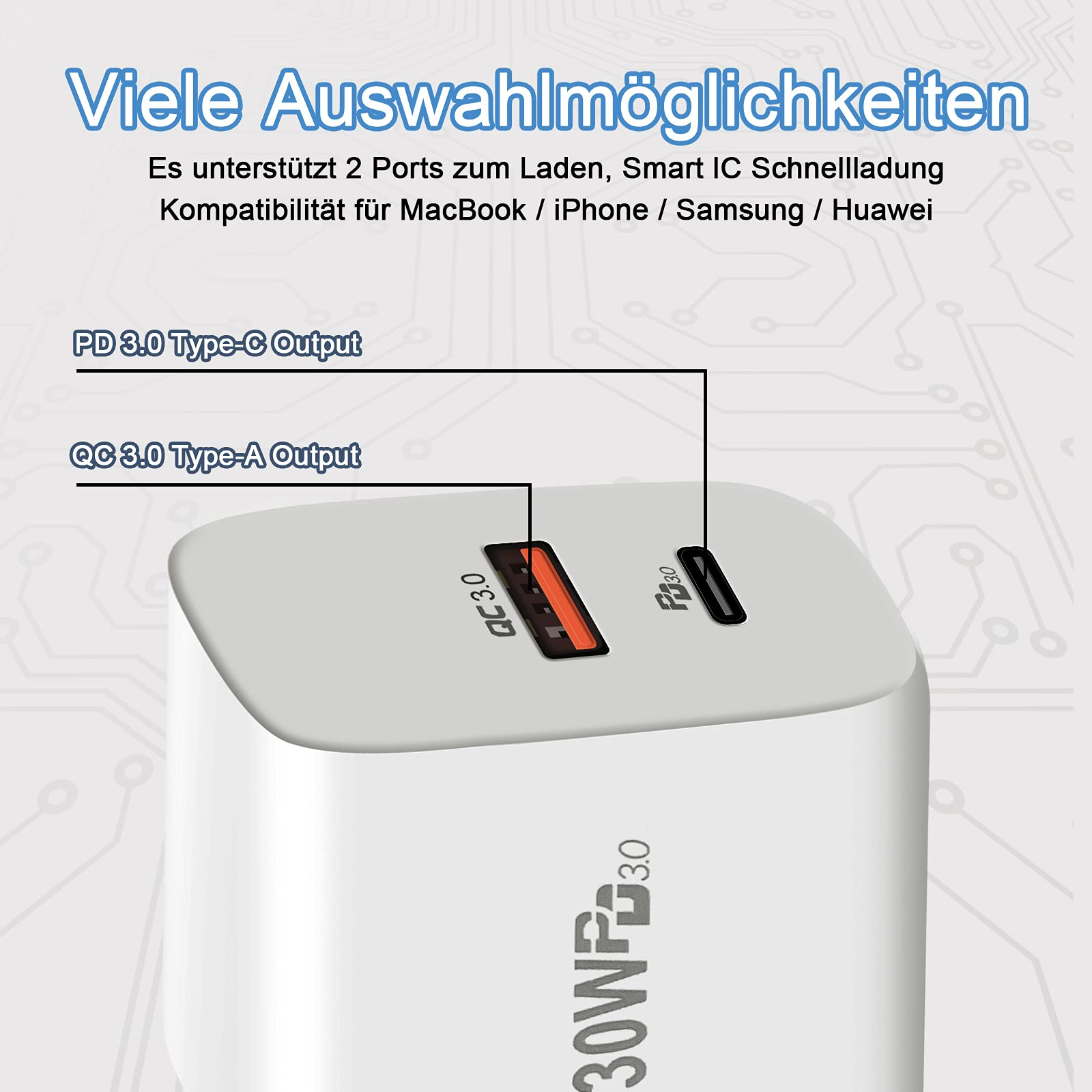 Ein Ladegerät mit PD- und QC 3.0-Ausgangsanschlüssen. Es unterstützt MacBook, iPhone, Samsung und Huawei.
