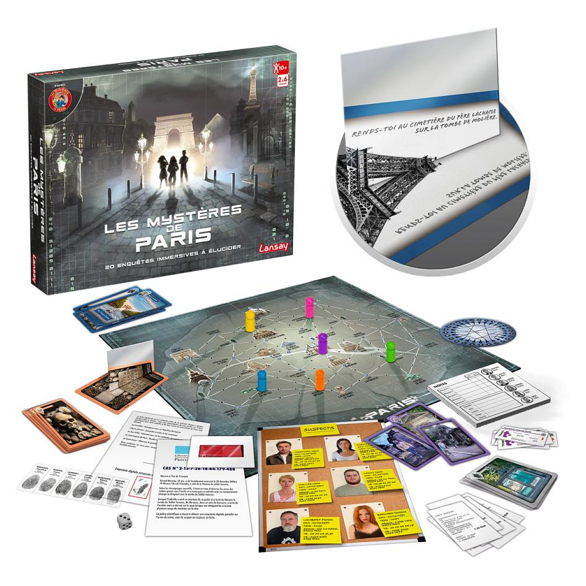 Gioco da tavolo in scatola, a tema Parigi. Pezzi e carte del gioco con immagini di sospetti, luoghi e indizi.