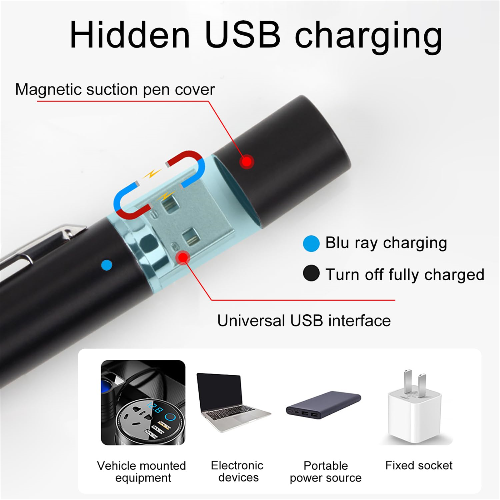 Schwarzer Stift mit USB-Ladeanschluss. Zeigt den Ladevorgang und die unterstützten Geräte.
