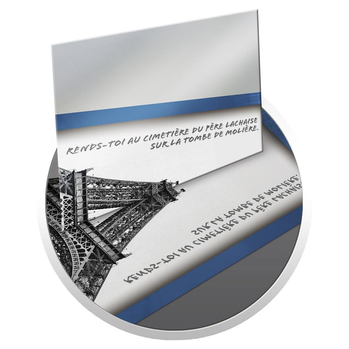 Immagine artistica della Torre Eiffel e testo in francese. Bordo blu e sfondo grigio.