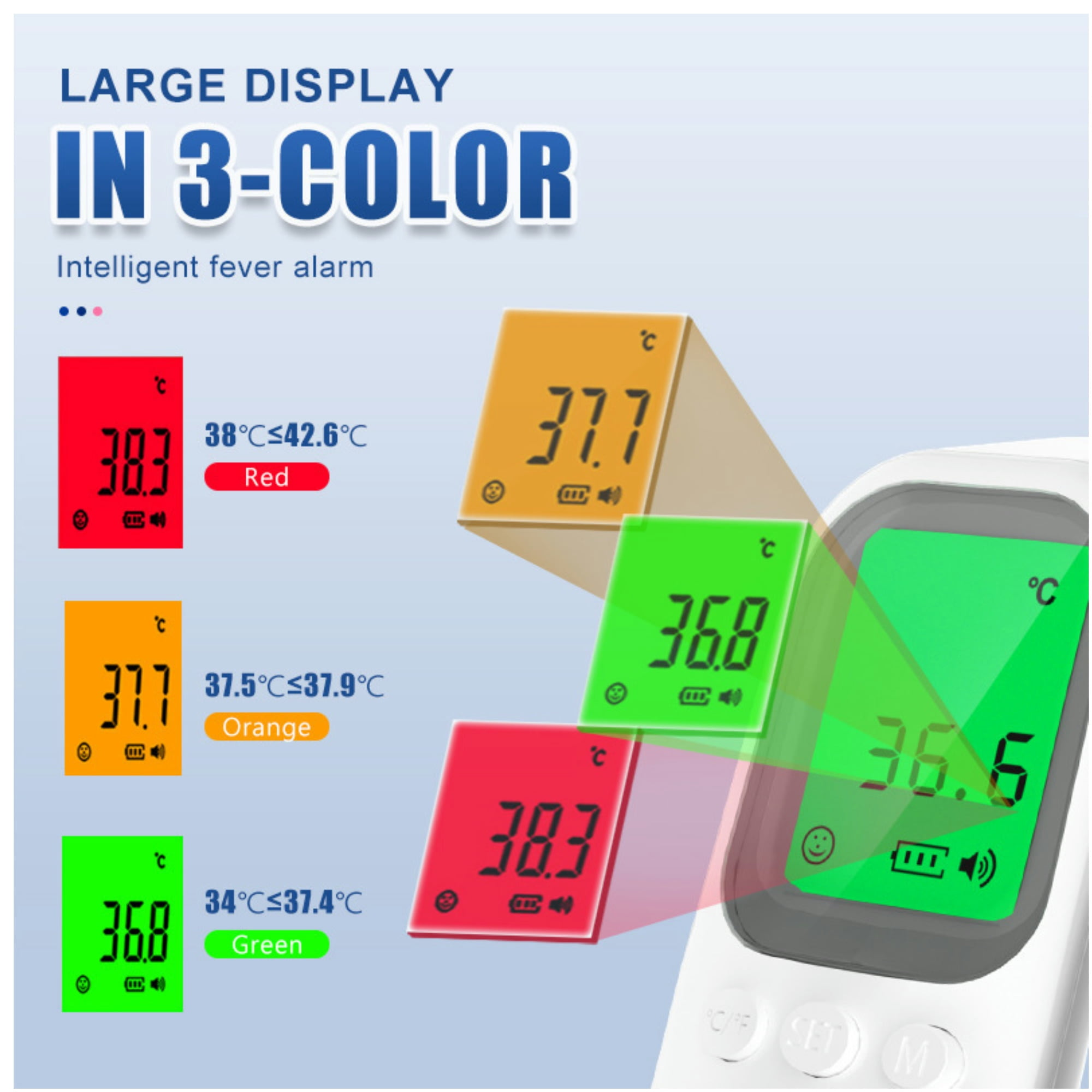 Thermometer, das Temperaturen in Rot, Orange und Grün anzeigt, von 36,6 bis 42,6 Grad Celsius.