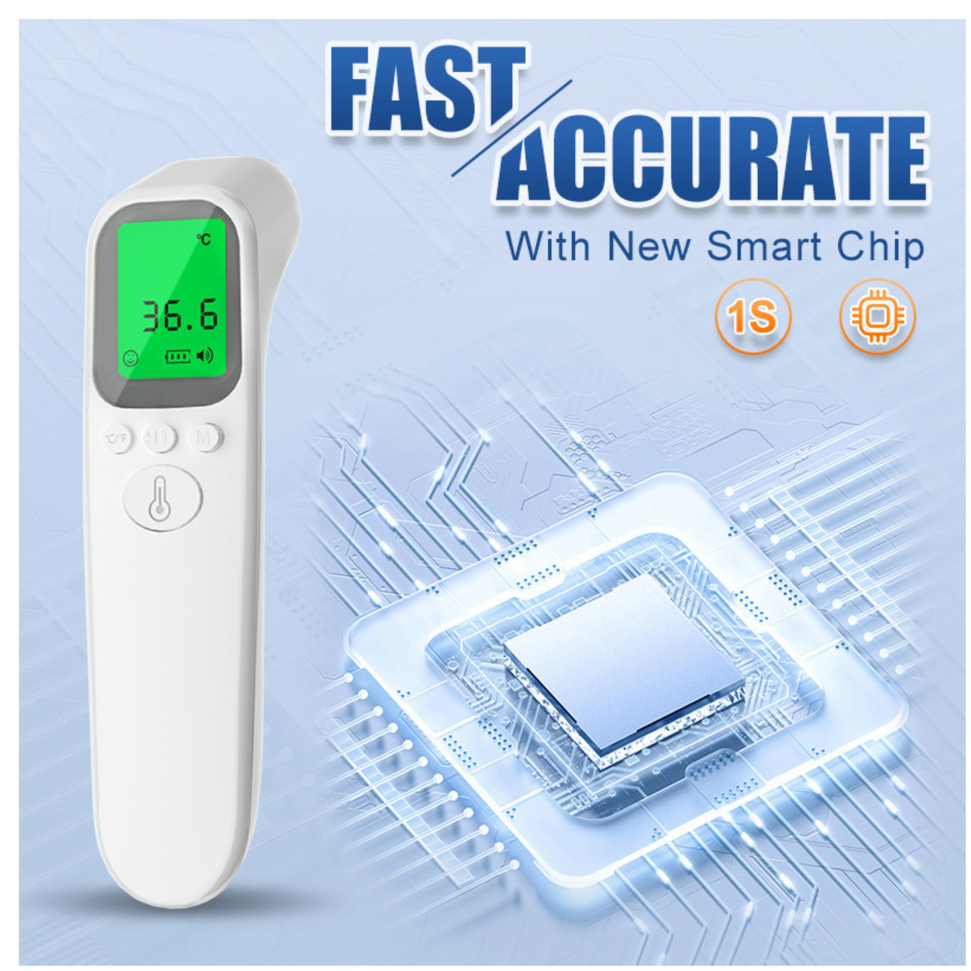 Ein weißes Infrarot-Thermometer mit grünem Bildschirm, der 36,6 anzeigt, und den Wörtern Schnell und Präzise.