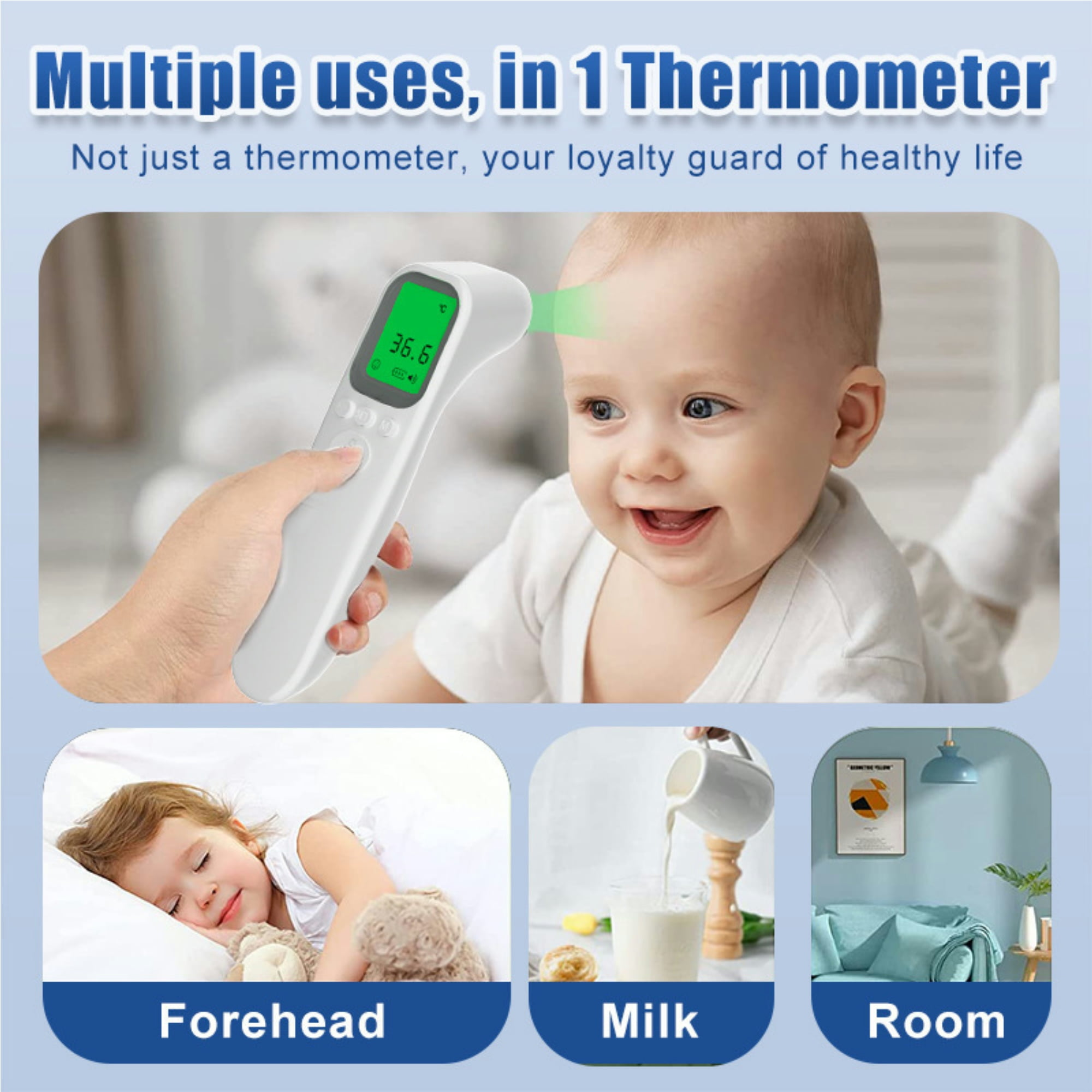 Ein Bild zeigt ein Baby und ein Thermometer mit verschiedenen Anwendungen: Stirn, Milch und Raumtemperatur.
