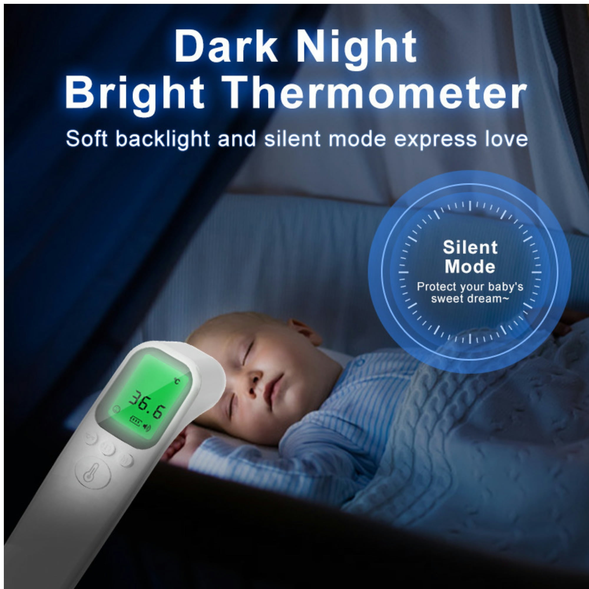 Ein Baby schläft, während ein Thermometer auf seine Stirn gerichtet ist. Text-Overlays sagen "Dark Night Bright Thermometer".
