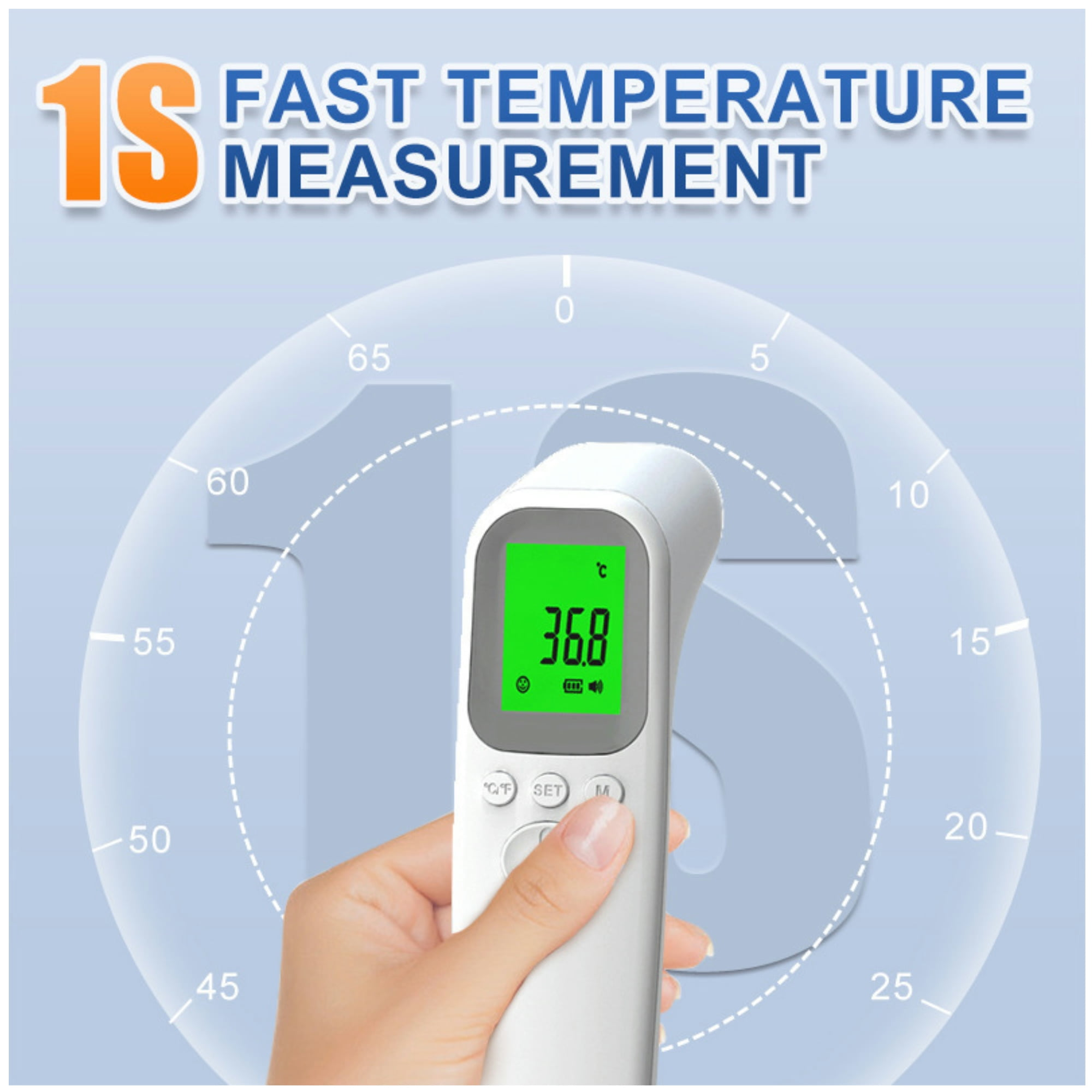 Hand hält Thermometer. Anzeige zeigt 36,8 Grad Celsius. Hintergrund hat Temperaturmarkierungen.