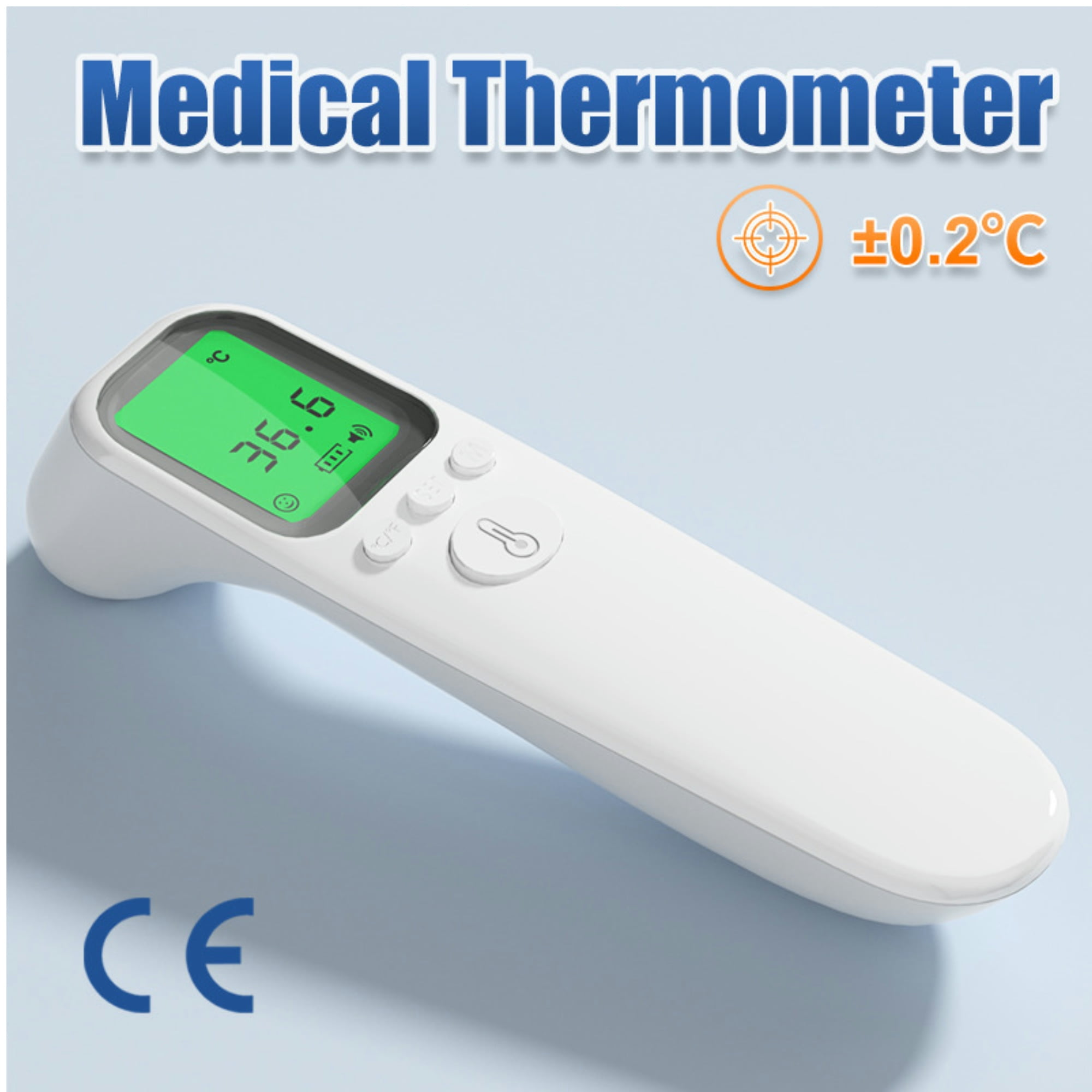 Medizinisches Thermometer mit grünem Display, 36,6 Grad Celsius. Weißes Gehäuse, CE-Zeichen.
