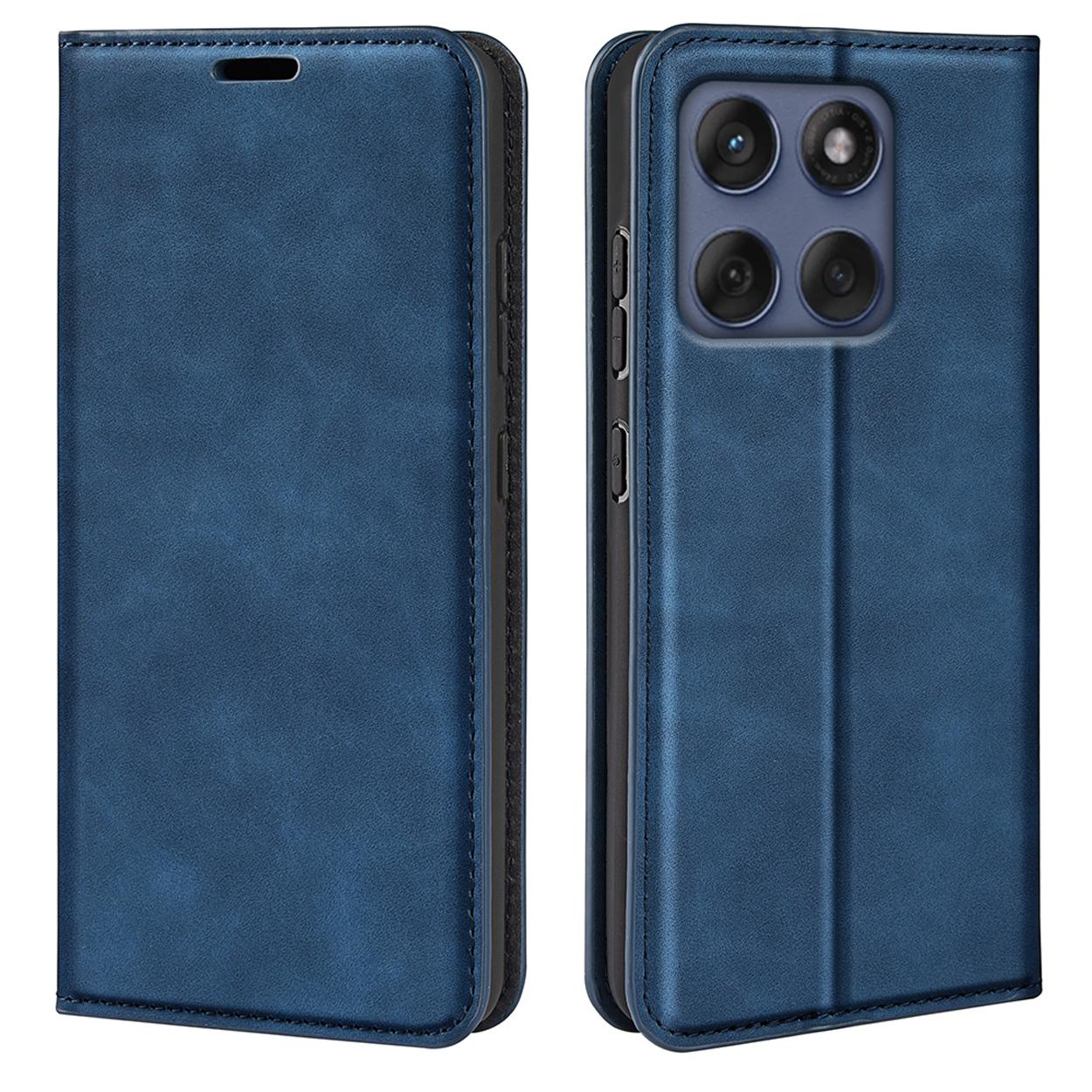 Blauwe leren telefoonhoes met een telefoon erin, open en dicht, tegen een witte achtergrond.