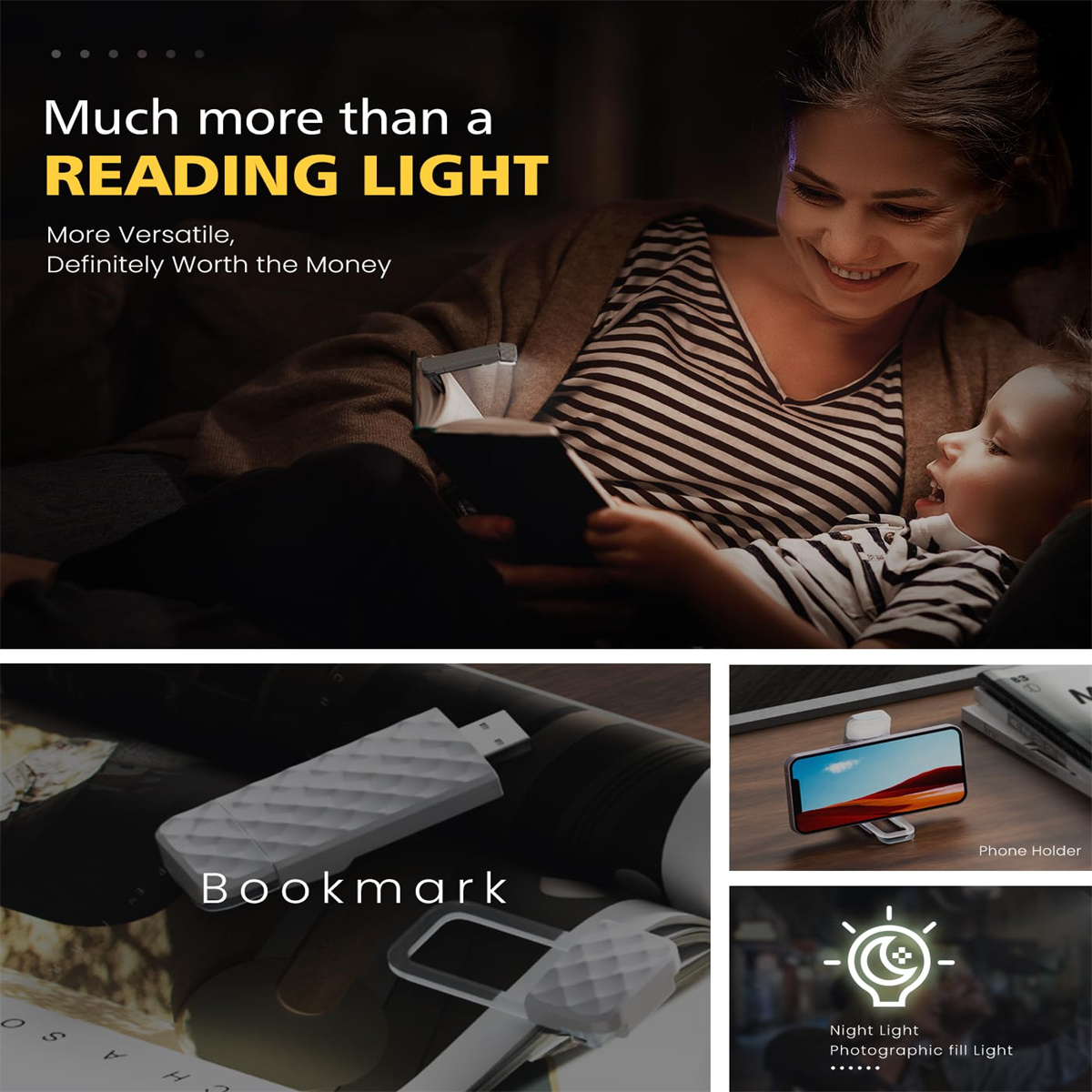 Frau liest Buch mit Kind. Enthält Lesezeichen, Telefonhalter und Nachtlicht.