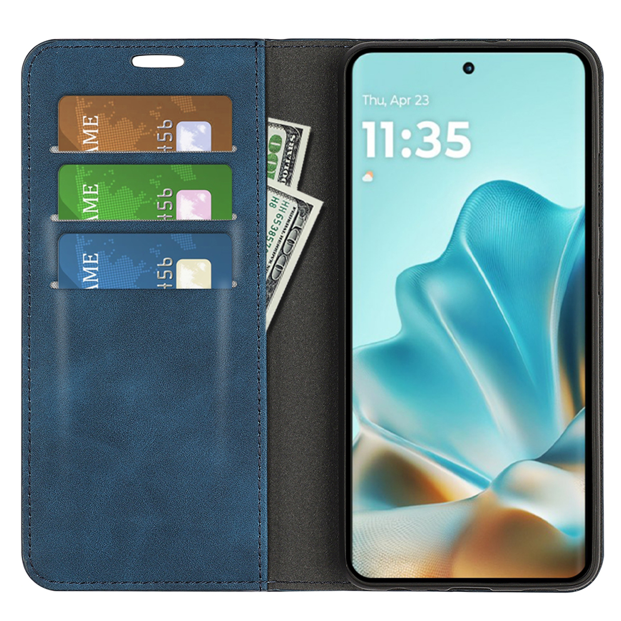 Blauwe leren telefoonhoes, open met telefoon en kaarten erin. Witte achtergrond.