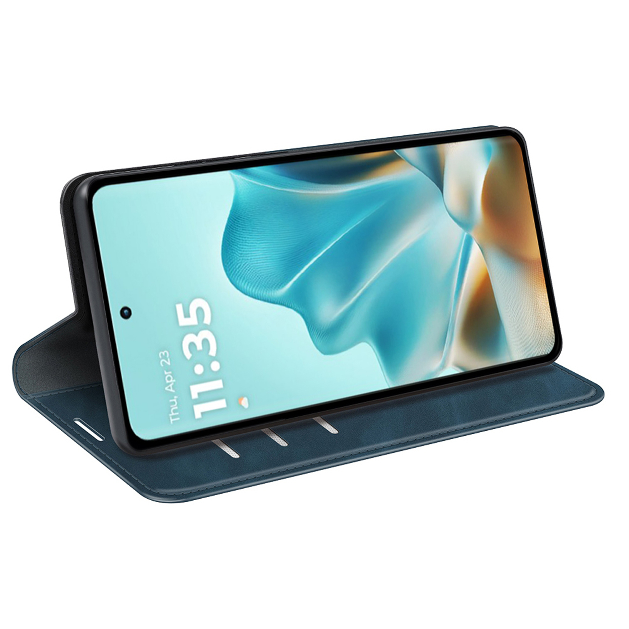 Een smartphone in een blauwe hoes, met de tijd 11:35 op het scherm.