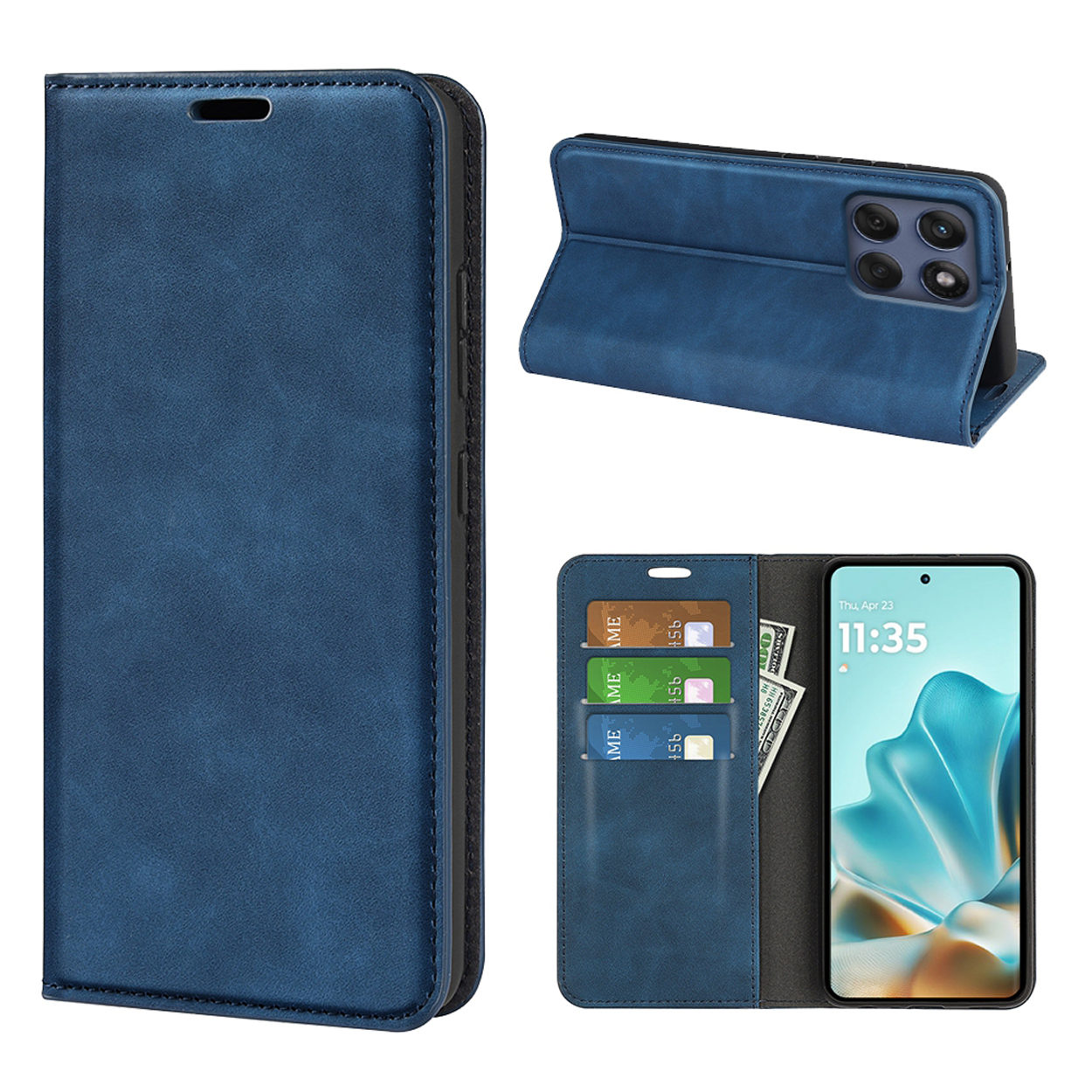 Een blauwe leren telefoonhoes met een smartphone erin, zichtbare kaarten en een standfunctie.
