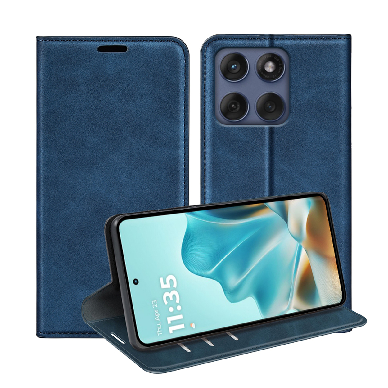 Blauwe telefoonhoes. Open met telefoon erin en deksel omhoog. Witte achtergrond.