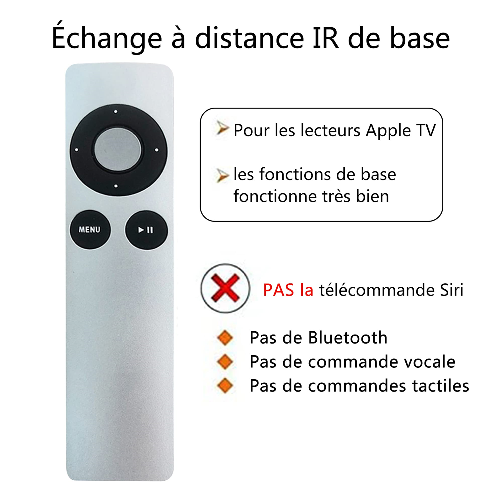 Silberne Apple TV-Fernbedienung. Beschriftete Tasten sind: Menü, Wiedergabe/Pause. Erwähnt, dass es kein Siri, Bluetooth oder Sprachsteuerung hat.