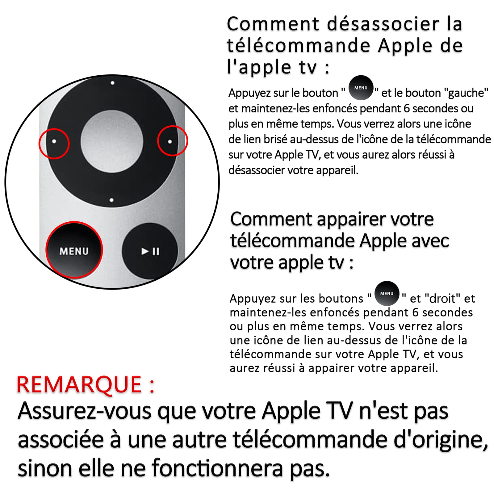 Anweisungen zum Entkoppeln und Koppeln einer Apple TV-Fernbedienung. Der Text ist auf Französisch.