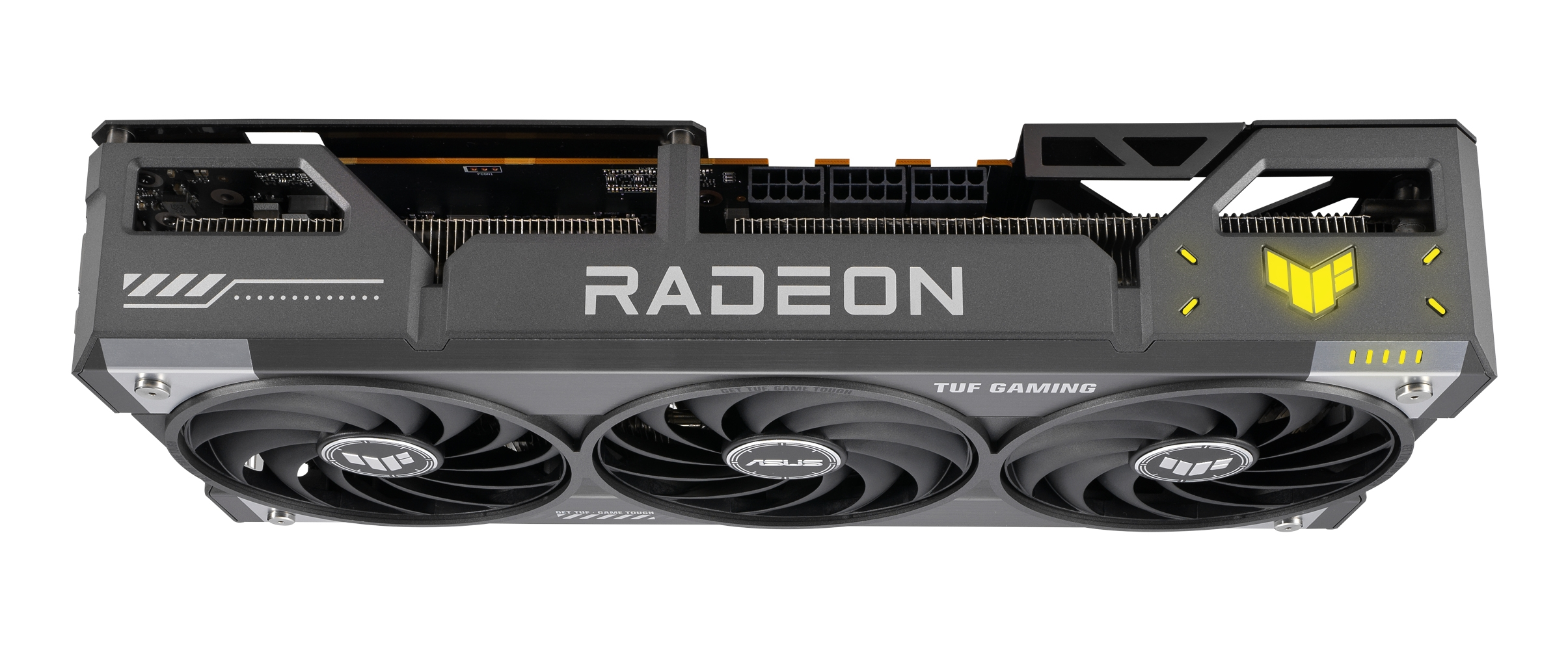 Karta graficzna Radeon z trzema wentylatorami i słowem RADEON w białym tekście.