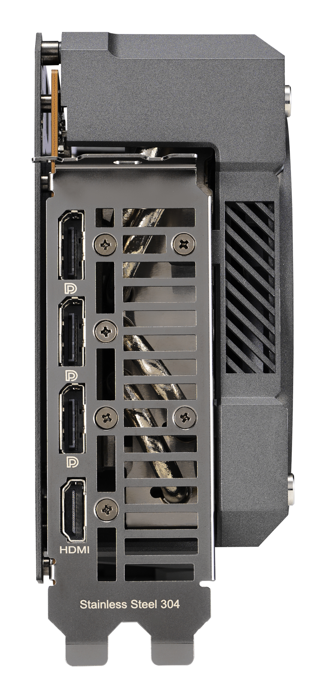 Widok z boku czarnej i szarej karty graficznej z portami HDMI.