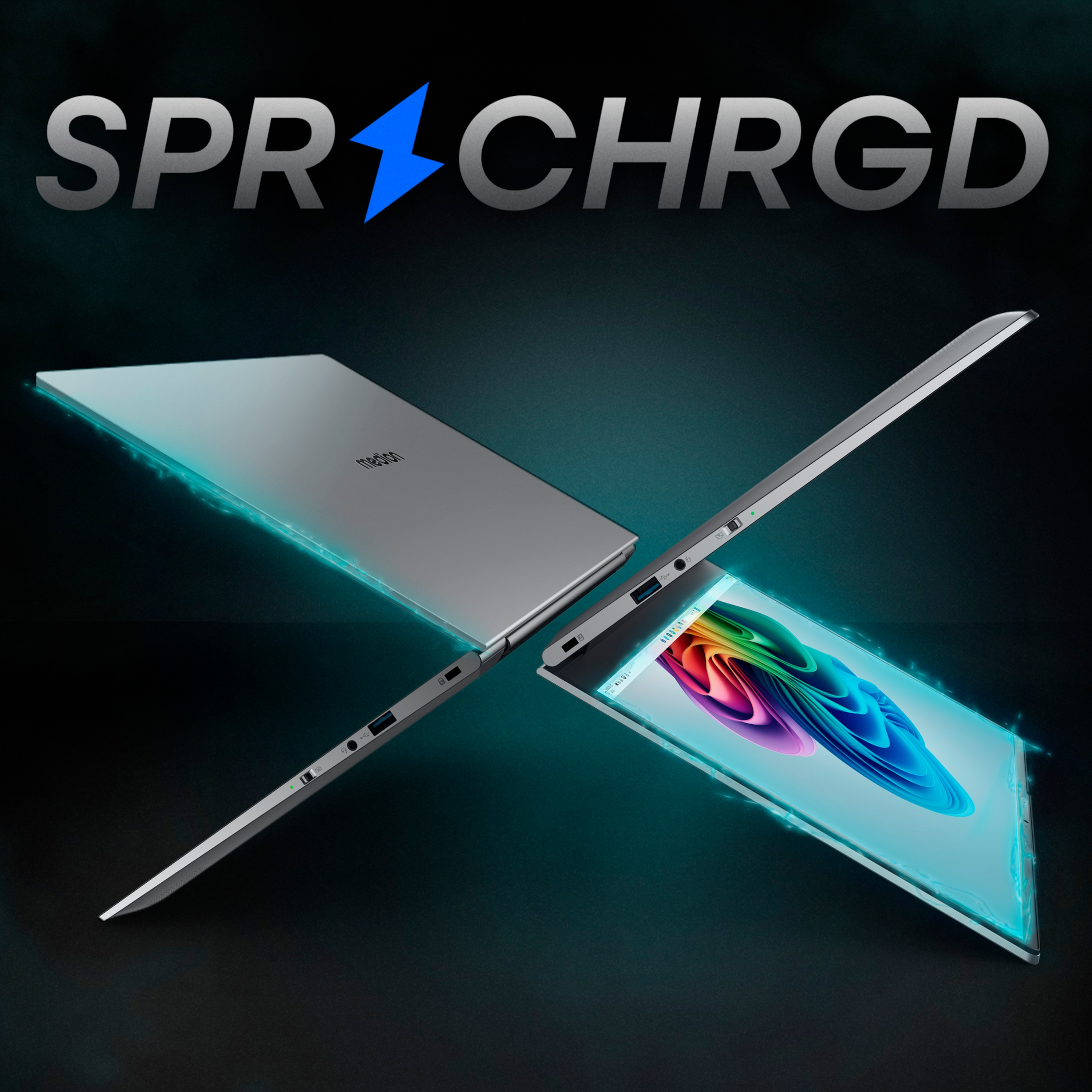 Laptop mit Neon-Blaulichteffekt. Text SPR CHRGD oben. Dunkler Hintergrund.