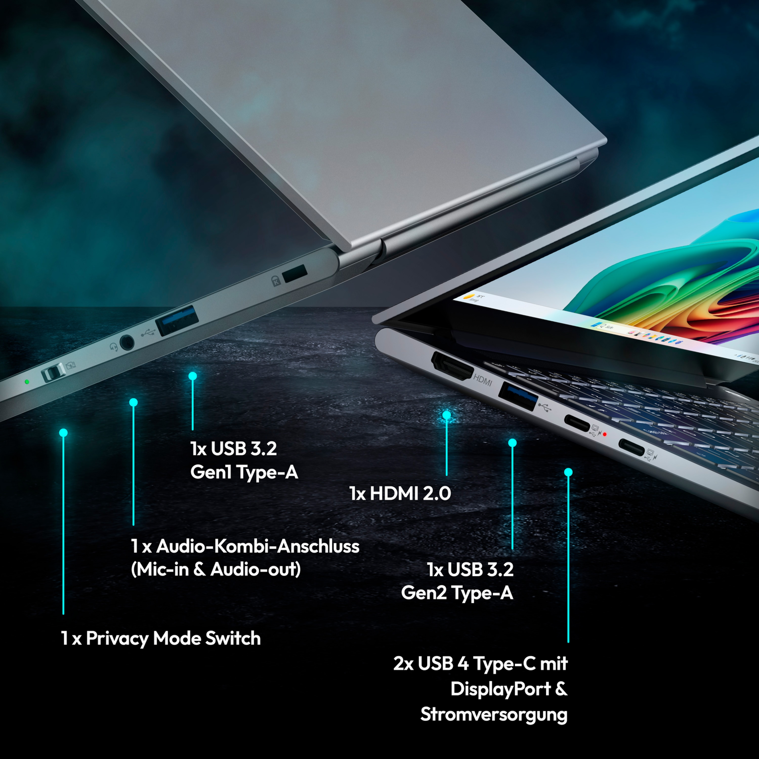 Laptop-Teile mit USB-Anschlüssen, HDMI und anderen Verbindungspunkten.