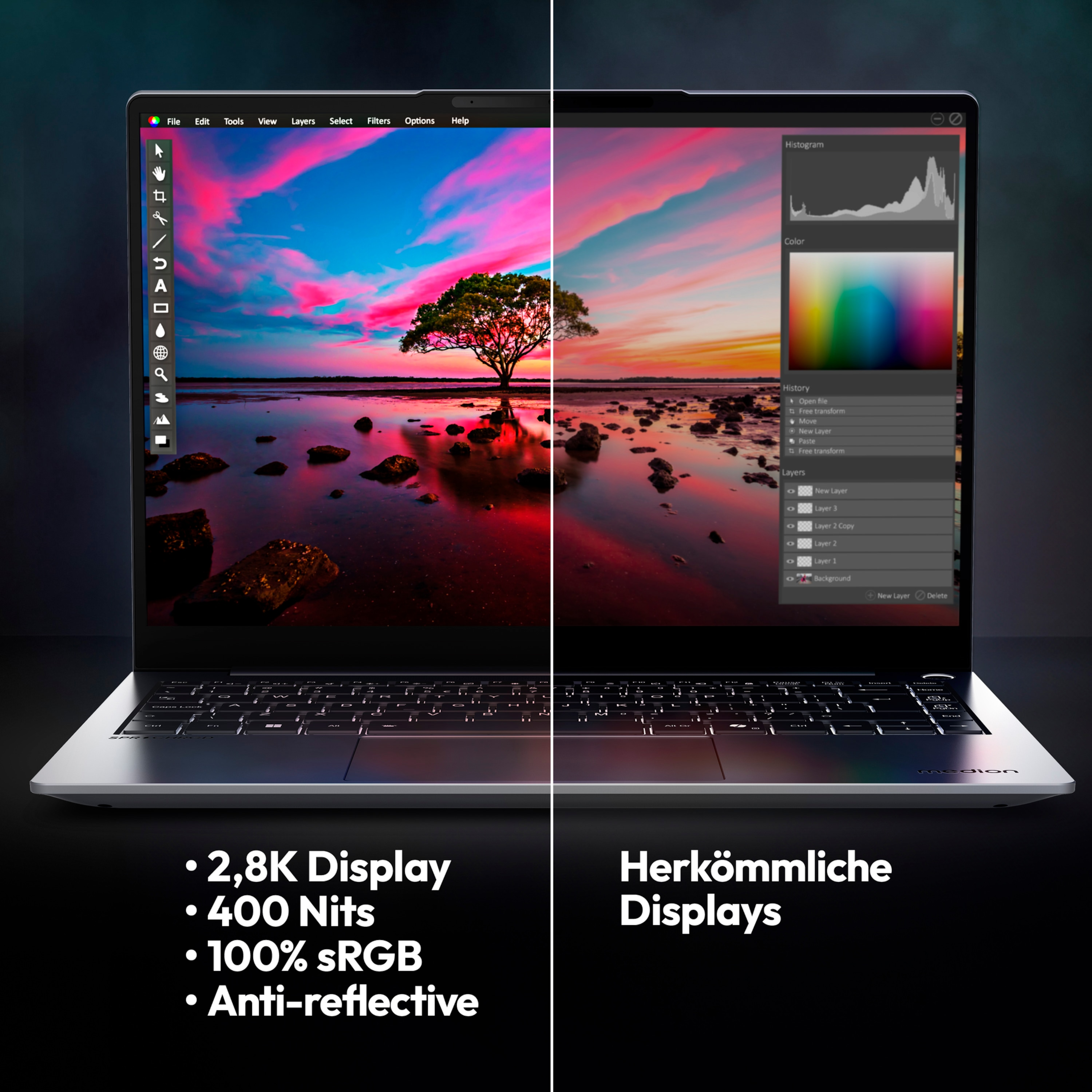Laptop-Bildschirm geteilt: links-Landschaft, rechts-Software. Display-Spezifikationen: 2.8K, 400 Nits, 100% sRGB, entspiegelt.